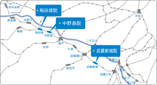 稲田堤院、中野島院、武蔵新城院、下丸子院地図